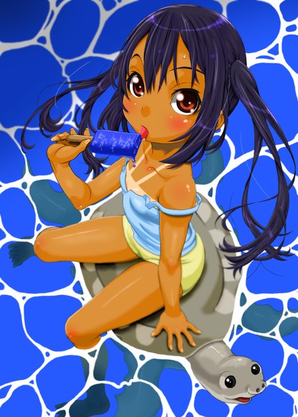 Anime picture 2504x3498 with k-on! kyoto animation nakano azusa miller (qoochan007) single long hair tall image looking at viewer blush highres black hair red eyes twintails loli dark skin girl food shorts sweets tongue