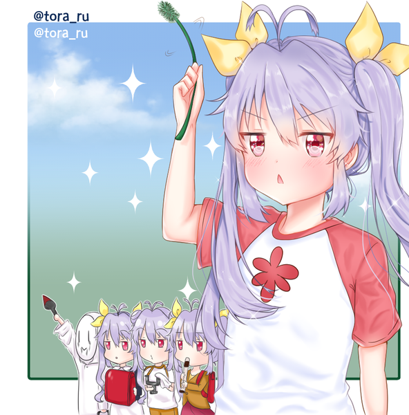 Anime picture 887x900 with non non biyori silver link miyauchi renge tora ru long hair tall image fringe open mouth hair between eyes red eyes twintails holding signed looking away purple hair ahoge arm up sparkle twitter username border