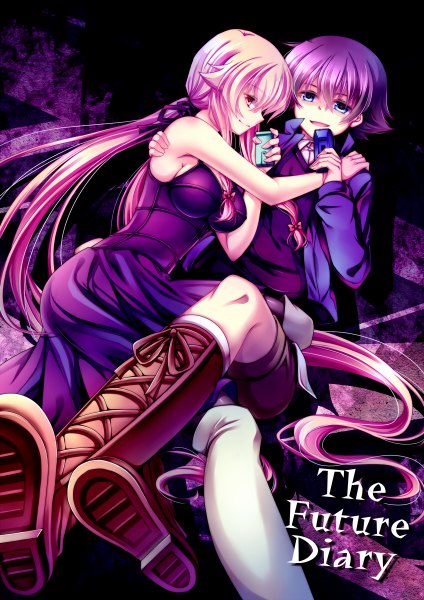 Anime picture 848x1200 with mirai nikki gasai yuno amano yukiteru nobuda long hair tall image short hair open mouth blue eyes smile red eyes pink hair purple hair couple girl dress boy bow hair bow boots