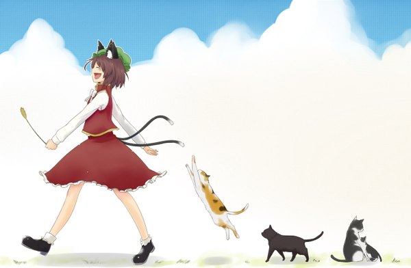 Anime picture 1438x941 with touhou chen smile animal ears sky cat ears cat tail girl skirt hat animal cat skirt set cattail