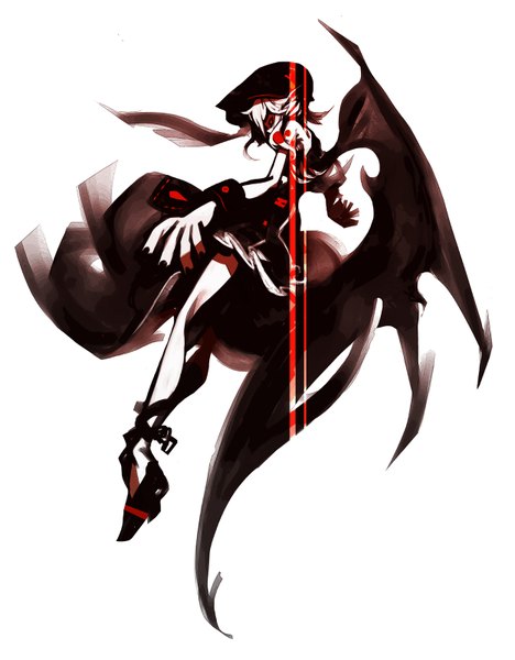 Anime picture 1249x1600 with touhou remilia scarlet kiku (kicdoc) single tall image short hair simple background red eyes white background looking away purple hair flying bat wings vampire girl dress wings bonnet