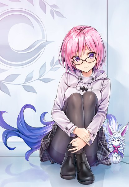 Anime picture 750x1084 with fate (series) fate/grand order mash kyrielight fou (fate) kotatsu (kotatsu358) single tall image looking at viewer blush fringe short hair smile sitting purple eyes pink hair full body bent knee (knees) head tilt official alternate costume plaid skirt
