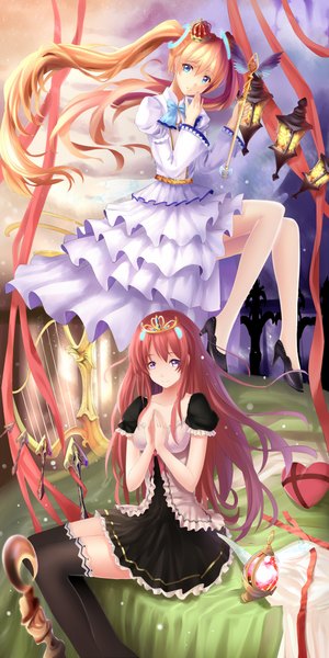 Anime picture 1150x2300 with original yeluno meng long hair tall image looking at viewer blue eyes blonde hair brown hair sitting twintails multiple girls girl thighhighs dress ribbon (ribbons) black thighhighs 2 girls crown