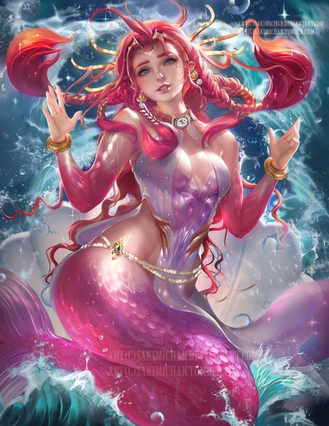 Anime picture 1000x1294 with original sakimichan single long hair tall image looking at viewer breasts signed parted lips head tilt lips realistic teeth lipstick pink lipstick makeup monster girl zodiac cancer (zodiac) girl