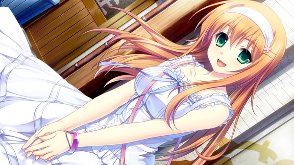 Anime picture 1920x1080 with & - sora no mukou de sakimasu you ni haruki urara saeki hokuto long hair highres open mouth wide image green eyes game cg orange hair girl bracelet hairband sundress