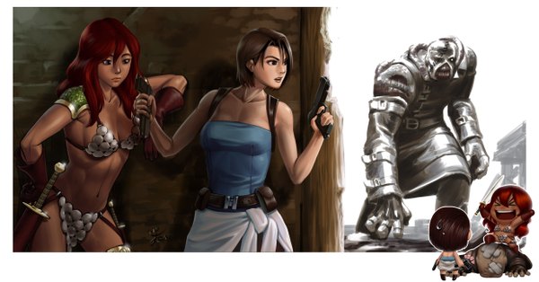 Anime picture 2480x1299 with resident evil red sonja marvel comics jill valentine red sonja (character) agustinus (artist) long hair highres short hair breasts light erotic brown hair wide image multiple girls brown eyes red hair lips black eyes girl navel