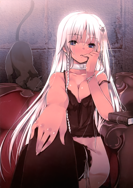 Anime picture 2122x3000 with original refeia single long hair tall image looking at viewer blush highres breasts blue eyes light erotic white hair scan girl thighhighs black thighhighs cat
