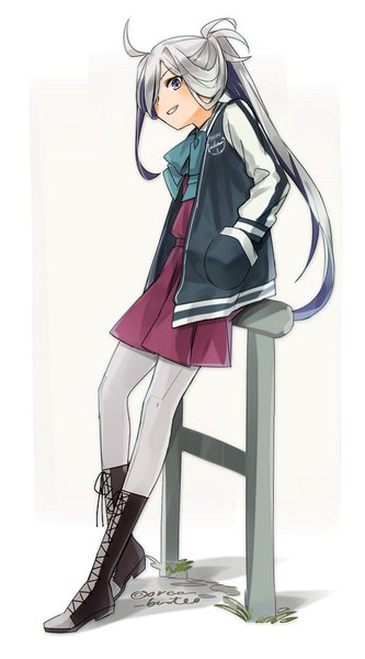 Anime picture 556x1000 with kantai collection asashimo (kantai collection) yamashiki (orca buteo) single long hair tall image looking at viewer fringe simple background signed silver hair full body ahoge ponytail hair over one eye open jacket twitter username silver eyes hands in pockets girl