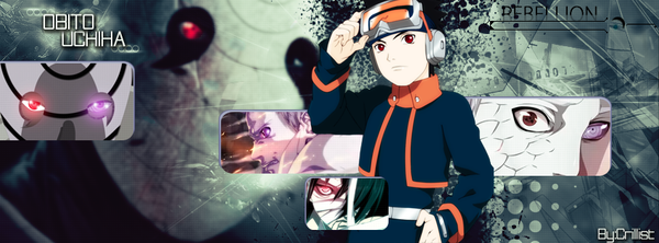 Anime picture 850x315 with naruto studio pierrot naruto (series) uchiha obito crillist short hair black hair red eyes wide image standing signed looking away profile character names hand on hip heterochromia multiview akatsuki multiple persona boy