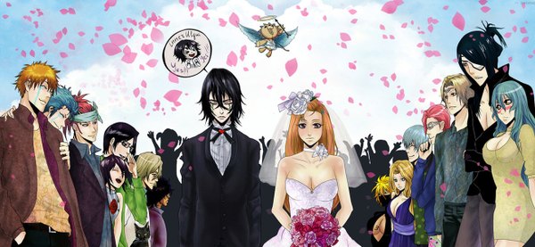 Anime picture 1314x608 with bleach studio pierrot kurosaki ichigo kuchiki rukia inoue orihime ulquiorra schiffer shihouin yoruichi abarai renji matsumoto rangiku grimmjow jeagerjaques ichimaru gin nelliel tu odelschwanck ishida uryuu tia harribel urahara kisuke kon sado yasutora nnoitra jiruga szayel aporro grantz tesura rindokurutsu