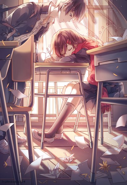 Anime picture 1030x1500 with kagerou project shaft (studio) tateyama ayano kisaragi shintarou instockee long hair tall image short hair black hair brown hair sitting signed eyes closed wind sleeping revision classroom girl boy uniform