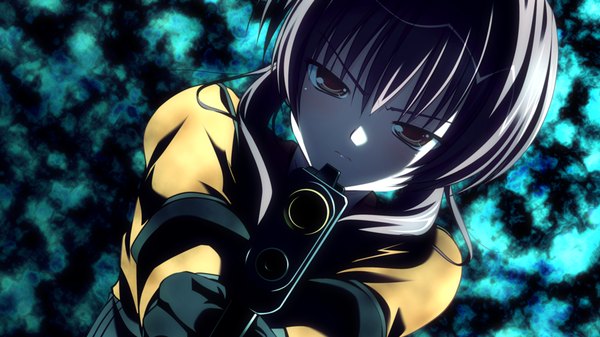 Anime picture 1280x720 with root double tachibana kazami short hair wide image brown eyes game cg purple hair girl weapon gun suit