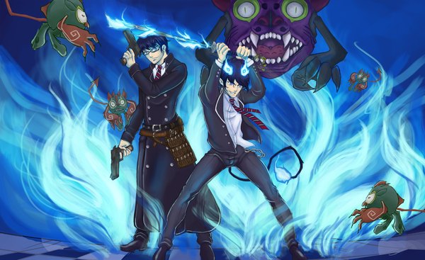 Anime picture 2000x1226 with ao no exorcist a-1 pictures okumura rin okumura yukio highres short hair blue eyes simple background smile wide image standing holding blue hair tail multiple boys teeth fang (fangs) blue background arms behind head demon tail