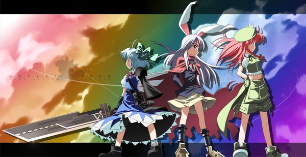 Anime picture 1800x928 with advent cirno touhou cirno reisen udongein inaba hong meiling highres wide image bunny ears bunny girl cosplay girl