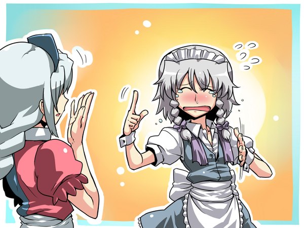 Anime picture 1600x1200 with touhou izayoi sakuya yagokoro eirin tsuki wani blush highres silver hair maid tears flat chest girl ribbon (ribbons)