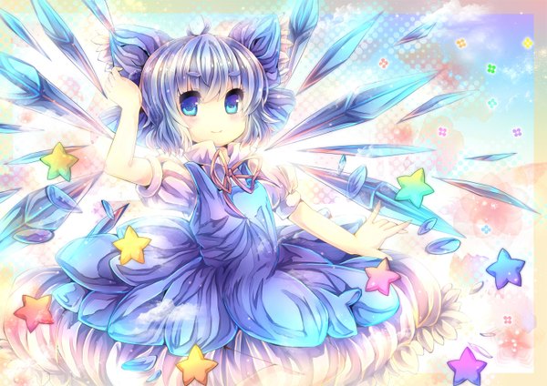 Anime picture 1414x1000 with touhou cirno pjrmhm coa single blush short hair blue eyes smile blue hair ahoge hand on head framed girl dress bow hair bow wings star (symbol)
