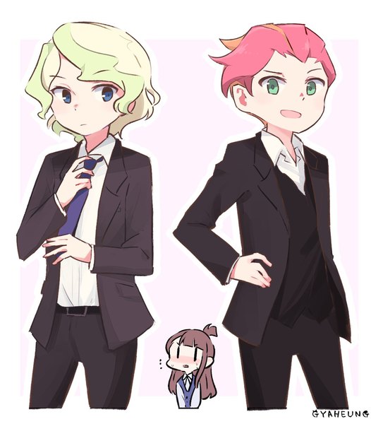 Anime picture 1081x1234 with little witch academia studio trigger kagari atsuko diana cavendish amanda o'neill gyaheung long hair tall image short hair blue eyes simple background blonde hair brown hair green eyes pink hair multicolored hair orange hair two-tone hair multiple boys hand on hip