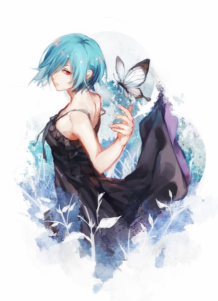 Anime picture 700x963 with tokyo ghoul studio pierrot kirishima touka fuurin single tall image looking at viewer fringe short hair red eyes white background looking away looking back arm up from above hair over one eye aqua hair outstretched hand girl dress