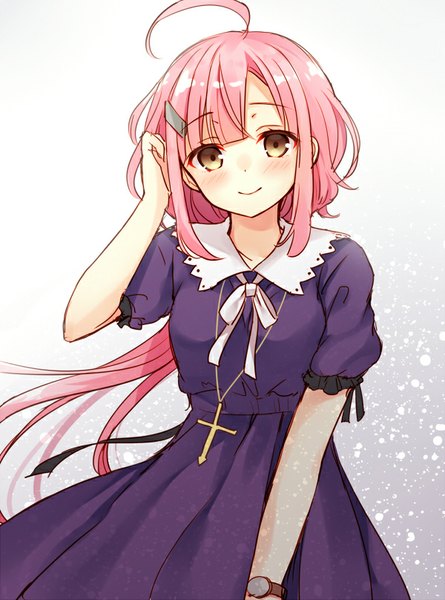 Anime picture 600x808 with gakkou gurashi! sakura megumi shiromikan single long hair tall image looking at viewer blush fringe smile brown eyes pink hair ahoge adjusting hair girl dress hair ornament hairclip cross clock