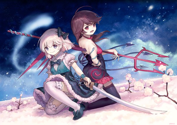 Anime picture 1403x992 with touhou konpaku youmu myon houjuu nue ainy long hair looking at viewer fringe short hair open mouth blue eyes smile red eyes brown hair bare shoulders multiple girls holding sky cloud (clouds) full body