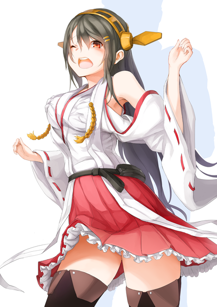 Anime picture 3532x4997 with kantai collection haruna battleship kyokucho long hair tall image highres breasts open mouth light erotic black hair simple background red eyes white background absurdres one eye closed wink zettai ryouiki breast grab girl thighhighs