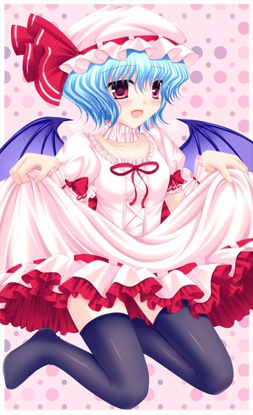 Anime picture 957x1562 with touhou remilia scarlet shimotsuki keisuke single tall image looking at viewer blush short hair open mouth light erotic red eyes blue hair girl thighhighs dress black thighhighs wings bonnet