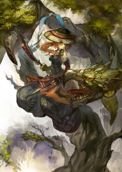 Anime picture 1500x2121 with monster hunter luman single long hair tall image open mouth brown hair brown eyes ponytail teeth sharp teeth girl gloves weapon plant (plants) detached sleeves tree (trees) headdress tongue fingerless gloves