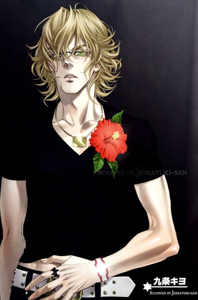 Anime picture 1100x1660 with tiger & bunny sunrise (studio) barnaby brooks jr. kyujyo kiyo single tall image looking at viewer short hair simple background blonde hair standing green eyes signed scan inscription dark background wavy hair boy flower (flowers) glasses