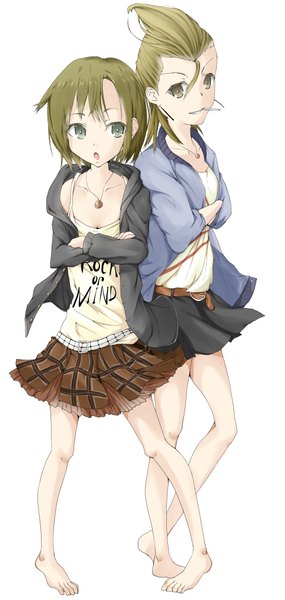 Anime picture 1920x4044 with solru (tyappygain) tall image highres short hair simple background blonde hair white background multiple girls brown eyes green eyes barefoot legs girl skirt 2 girls miniskirt