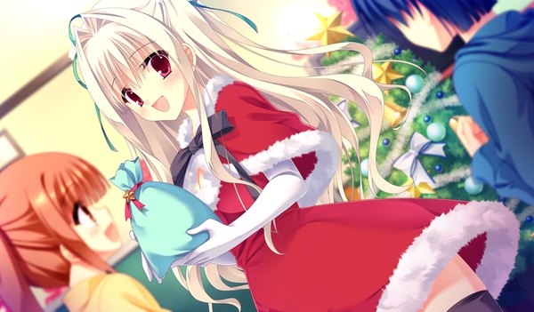 Anime picture 1024x600 with da capo iii yoshino charles tanihara natsuki long hair blush open mouth red eyes wide image game cg white hair girl dress gloves ribbon (ribbons) hair ribbon elbow gloves gift child (children)