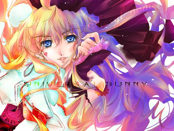 Anime picture 1600x1200 with macross macross frontier sheryl nome single long hair blue eyes blonde hair smile lips face girl heart clock