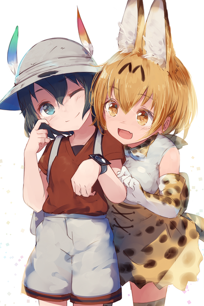 Anime picture 626x942 with kemono friends serval (kemono friends) kaban (kemono friends) makihitsuji tall image short hair open mouth black hair blonde hair smile white background bare shoulders multiple girls brown eyes animal ears tail :d animal tail one eye closed aqua eyes