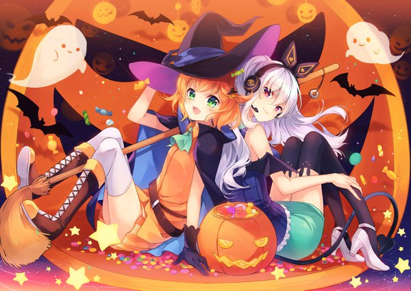 Anime picture 1200x849 with krt girls nana (krt girls) ann (krt girls) shinia long hair looking at viewer short hair open mouth sitting multiple girls green eyes silver hair full body tail pink eyes orange hair halloween demon tail demon wings ghost