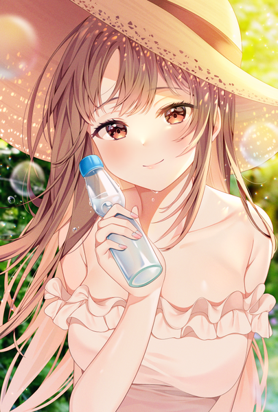 Anime picture 675x1000 with original reel (riru) single long hair tall image looking at viewer blush fringe breasts smile brown hair large breasts holding brown eyes payot upper body outdoors nail polish head tilt fingernails