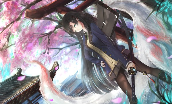 Anime picture 2887x1751 with original kikivi single long hair looking at viewer highres breasts black hair wide image standing green eyes pleated skirt hand on hip cherry blossoms girl skirt uniform weapon plant (plants) school uniform
