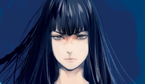 Anime picture 1200x699 with kill la kill studio trigger kiryuuin satsuki npn single long hair looking at viewer fringe blue eyes black hair simple background wide image face girl