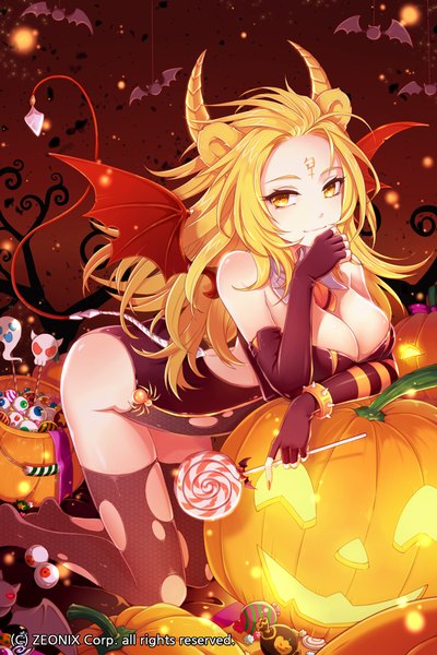 Anime picture 750x1125 with sword girls nold millgua single long hair tall image looking at viewer light erotic blonde hair animal ears yellow eyes cleavage tail horn (horns) halloween girl thighhighs gloves black thighhighs wings
