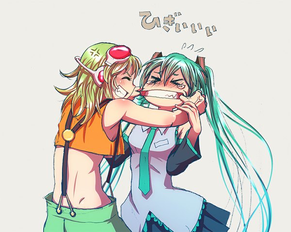 Anime picture 1000x799 with vocaloid hatsune miku gumi wokada long hair short hair simple background smile twintails multiple girls eyes closed pleated skirt green hair aqua hair back happy angry goggles on head anger vein humor