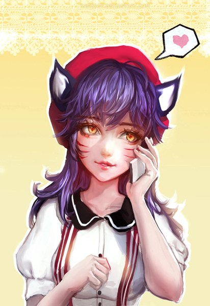 Anime picture 1500x2180 with league of legends ahri (league of legends) sangrde single long hair tall image simple background animal ears purple hair upper body lips orange eyes fox ears facial mark fox girl whisker markings girl headdress