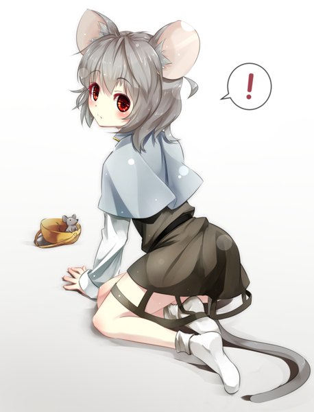 Anime picture 1146x1500 with touhou nazrin gorilla (bun0615) single tall image looking at viewer blush short hair simple background red eyes white background animal ears tail animal tail looking back grey hair no shoes mouse ears ! mouse tail