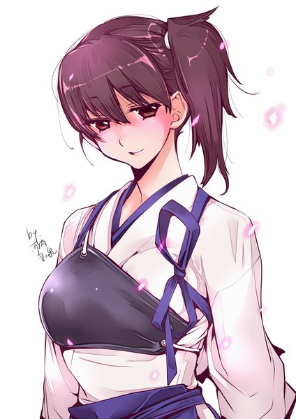 Anime picture 826x1169 with kantai collection kaga aircraft carrier kawachi izumi single tall image blush short hair simple background smile brown hair white background brown eyes ponytail traditional clothes side ponytail girl petals armor breastplate muneate