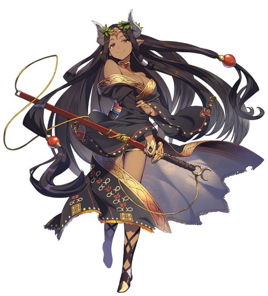 Anime picture 1072x1182 with original shirabi single tall image looking at viewer breasts light erotic black hair simple background smile red eyes standing bare shoulders holding very long hair traditional clothes japanese clothes horn (horns) pointy ears open clothes