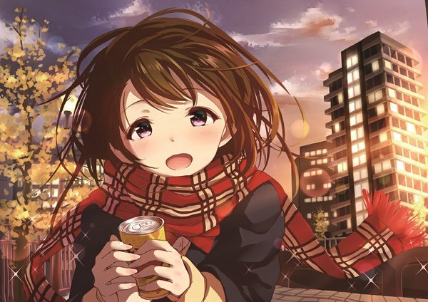 Anime picture 1158x819 with original takeashiro single long hair looking at viewer blush open mouth smile brown hair purple eyes sky cloud (clouds) :d girl plant (plants) tree (trees) scarf building (buildings) drink lantern