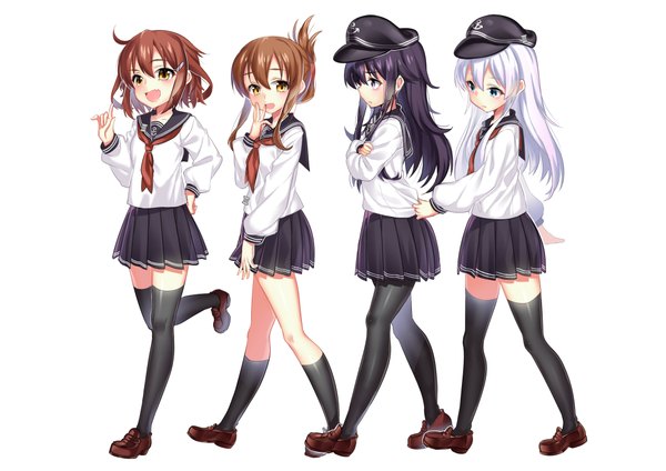 Anime picture 4093x2894 with kantai collection hibiki destroyer akatsuki destroyer inazuma destroyer ikazuchi destroyer kikimi long hair blush highres short hair open mouth blue eyes black hair simple background brown hair white background purple eyes multiple girls brown eyes absurdres