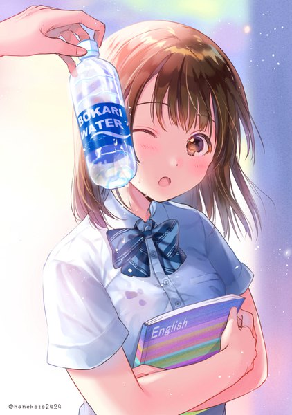 Anime picture 800x1137 with original pocari sweat hanekoto tall image looking at viewer blush fringe short hair open mouth brown hair holding brown eyes signed upper body one eye closed blurry :o sparkle short sleeves sweat