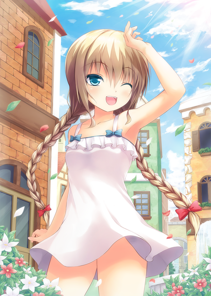 Anime picture 1100x1539 with original tiphereth single long hair tall image looking at viewer open mouth blue eyes blonde hair sky cloud (clouds) braid (braids) one eye closed wink girl dress flower (flowers) bow hair bow petals