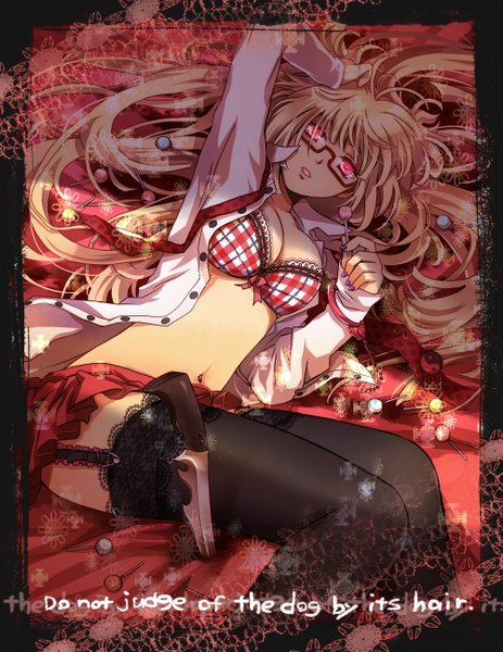 Anime picture 1000x1294 with original nitou akane (artist) single long hair tall image breasts light erotic blonde hair pink eyes open clothes open shirt girl thighhighs black thighhighs miniskirt glasses knife lollipop