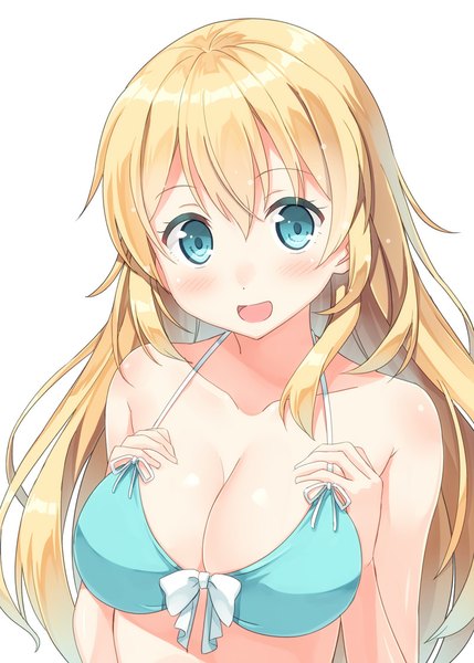 Anime picture 800x1119 with kantai collection atago heavy cruiser hyuuga azuri single long hair tall image blush breasts blue eyes light erotic simple background blonde hair white background girl swimsuit bikini