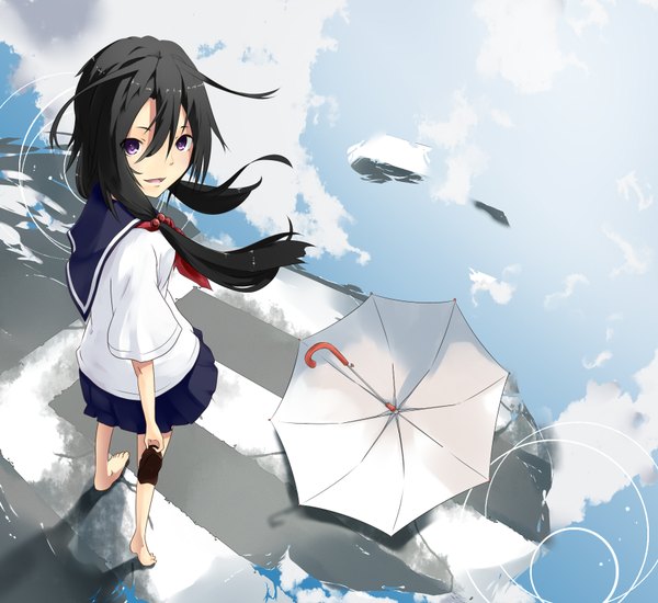 Anime picture 1740x1596 with original dushe single long hair looking at viewer highres open mouth black hair twintails purple eyes cloud (clouds) barefoot reflection girl uniform serafuku umbrella