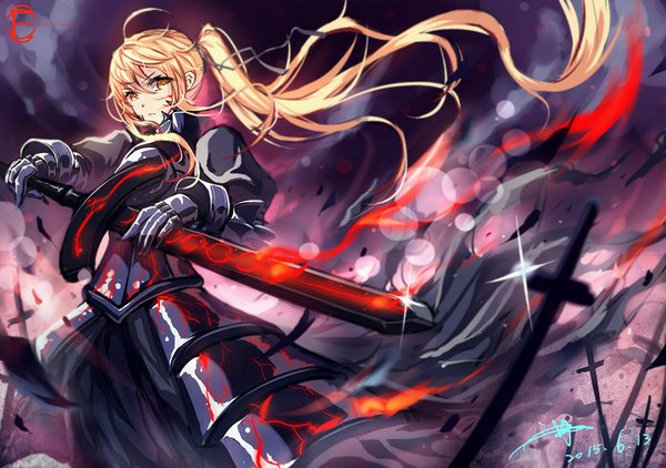 Anime picture 800x563 with fate (series) fate/stay night type-moon artoria pendragon (all) saber alter bingyuheizhiyan single long hair looking at viewer fringe blonde hair standing holding signed yellow eyes ahoge ponytail wind facial mark glowing